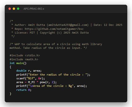 WAP to calculate area of a circle using math library method. Take radius of the circle as input.
